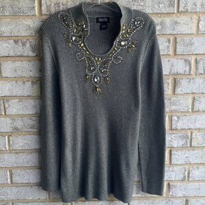 Objects D'art Long Sleeve Embellished V-Neck Gray Metallic Ribbed Sweater Size L